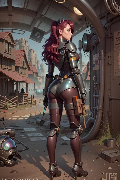 (masterpiece), (best_quality), (ultra-detailed), (illustration), (welcoming), depth of field, 1girl, (clockwork robotic booth babe:1.3), (in a  wasteland:1.3), full body, iridescent magenta hair, bombshell hime cut, lipstick, , [:casual, sexy costume design:0.2], (from side:1.5),(from behind:1.5), (looking at viewer:1.7), small breasts, wide hips, hourglass figure,, (thighhigh boots:1.2), , official art, vivid color, finely detailed, hyper detailed, 8k, high resolution illustration, absurdres, intricate detail<lora:GoodHands-beta2:1.3><lora:EnvyColdShower_v11:1>