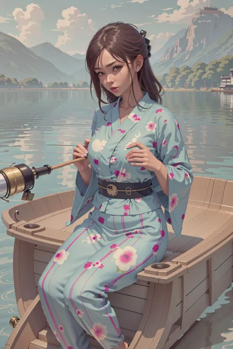 (masterpiece), (best_quality), (ultra-detailed), (illustration), (welcoming), 1girl, (cyberpunk emotionless mechanic potion maker:1.3), elf, (in a  boat on a lake:1.3), scenery, (full body:1.4), thigh gap, dark auburn hair, curly hair, long hair, neon red lipstick, , pose, [:skimpy costume design:0.2], tattoos, (small breasts:1.5), wide hips, tall, athletic thicc slim toned hourglass figure,(muscular:0.6), skindentation, ((yukata, shirt lift:1.3):1.2), , official art, vivid color, finely detailed, hyper detailed, 8k, high resolution illustration, absurdres, intricate detail<lora:GoodHands-beta2:0><lora:EnvyColdShower_v11:1>