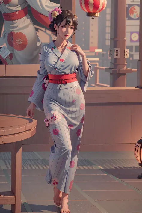 there is a woman in a kimono walking on a sidewalk