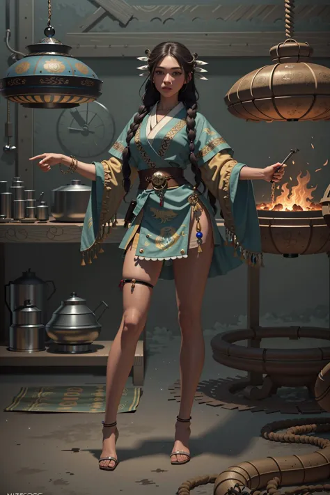 a woman in a blue dress standing in front of a stove