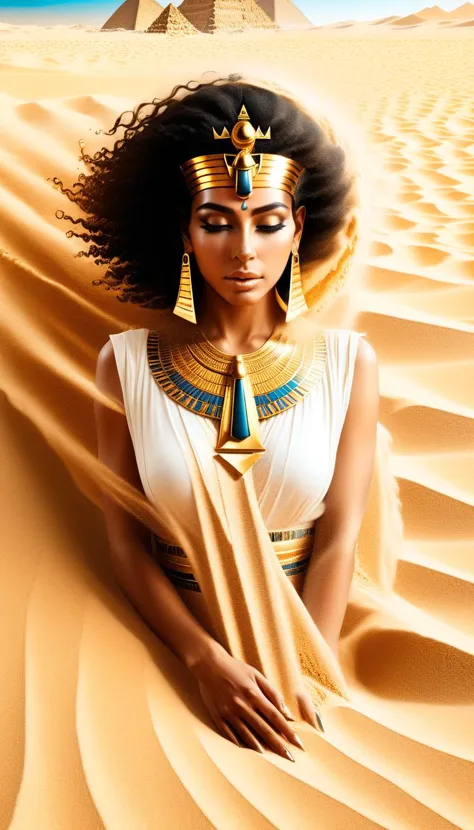 dissolve style, a stunning Egyptian queen dissolve into golden sand, pyramid background