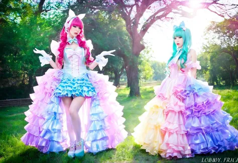 (latex theme, lolitafashion:1), (latex magical girl, long hair, multicolored hair:1.2), (pastel frilly latex lolitafashion dress...