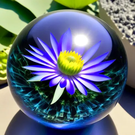 glass orb, black haze, close-up photo of a dystopian garden, blue lotus