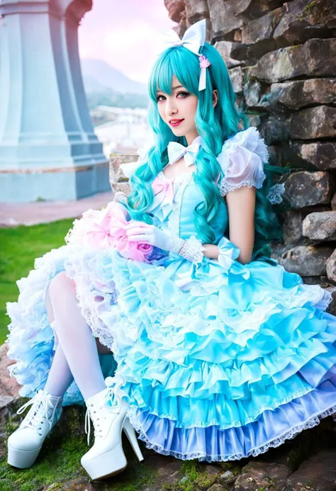 (kawaii, cute, lolitafashion:1), (cyan magical girl, long hair, multicolored hair:1.2), (pastel frilly lolitafashion dress:1.2),...