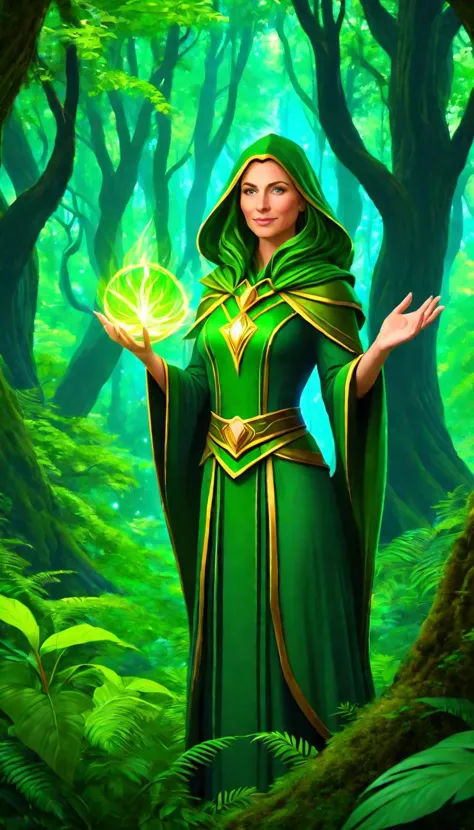 a female earth mage, plants, magical growth, forest, trees, green magic, digital painting in the style of high quality professional CCG artwork illustration