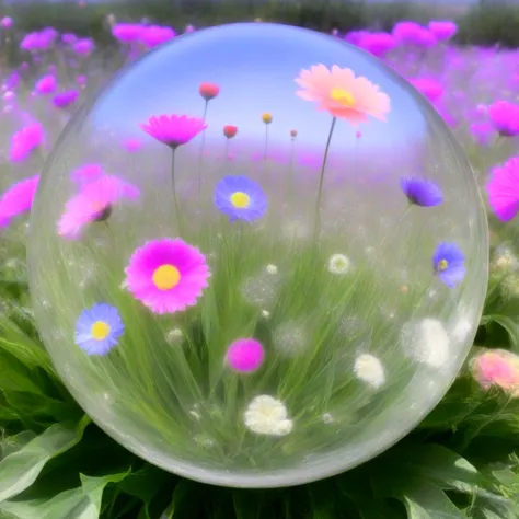 glass orb, field of colorful flowers