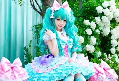 (kawaii, cute, lolitafashion:1), (cyan magical girl, long hair, multicolored hair:1.2), (pastel frilly lolitafashion dress:1.2),...