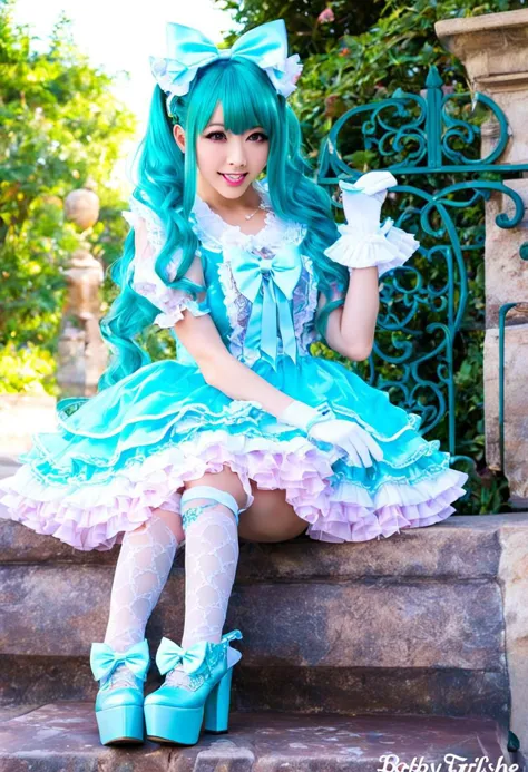 (kawaii, cute, lolitafashion:1), (cyan magical girl, long hair, multicolored hair:1.2), (pastel frilly lolitafashion dress:1.2),...