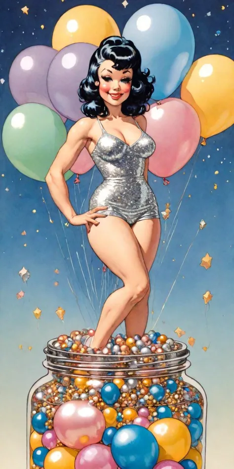 isometric, soft colorful-hued colors, a tiny and cute jar with a pinup wears glitter silver top and balloons, art by Milo Manara and Frank Frazetta