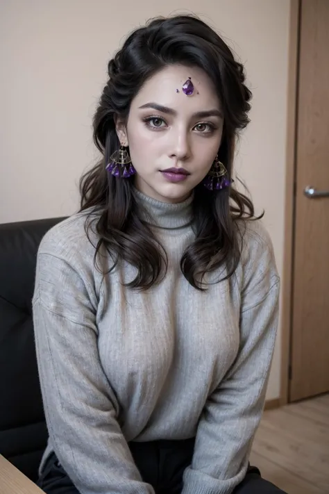 a woman sitting at a desk with a purple butterfly on her forehead