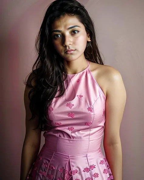 a close up of a woman in a pink dress posing for a picture