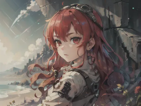 anime girl with red hair and glasses standing in front of a mountain