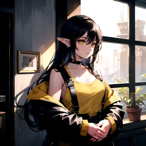 ear piercing, a female elf in a yellow tanktop and black jacket and overalls standing in front of a window with a plant in the c...