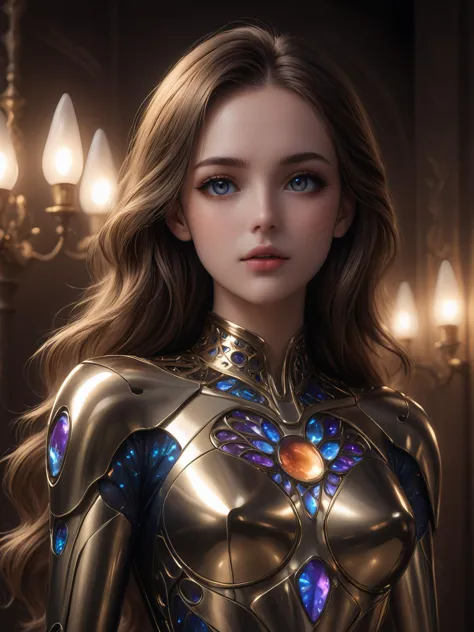 a woman in a gold suit with blue eyes and a blue butterfly on her chest