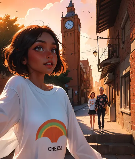 1girl, abstract shirt, rainbow print, messy hair, short hair, (freckles:0.45), long sleeves, outdoors, stairs, railing, drain \(object\), drainpipe, building, brick wall,  orange sky, facing viewer,  wind, tall building, clock tower, 
masterpiece, best quality,  sam yang a father and his daughter holding hand seen on background