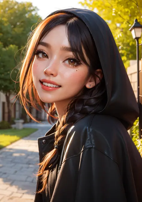 beautiful, masterpiece, best quality, hiqcgbody, anime, 1girl, sam yang, hooded cloak, barbarian girl, mascara, smile, cross, auburn french braid, portrait shot, looking at viewer, glossy lipstick, outdoors, intricate details,<lora:hipoly3DModelLora_v10:0....