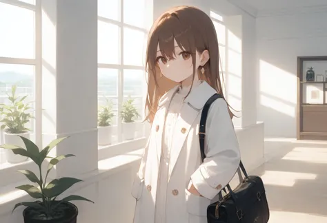 anime girl in white coat standing in a room with a window