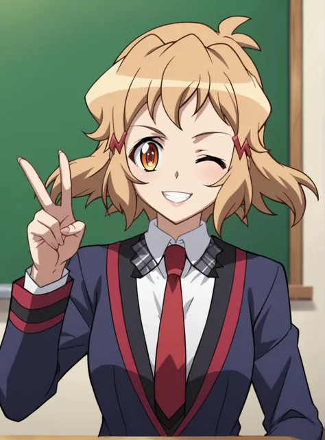 a close up of a person in a school uniform giving a peace sign