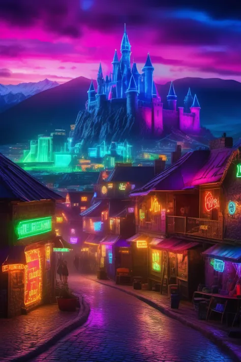 an extreme fantasy neon punk town, Neon lights, fantasy village, wide cobble stone road, background has extreme neon lights, vibrant colors, common castle in background, Ultra Realistic, Extreme Realism, A Vivid UHD Photograph, 8K, extremely detailed, photorealism, masterpiece, best quality, amazing, intricate, sharp focus, cinematic,