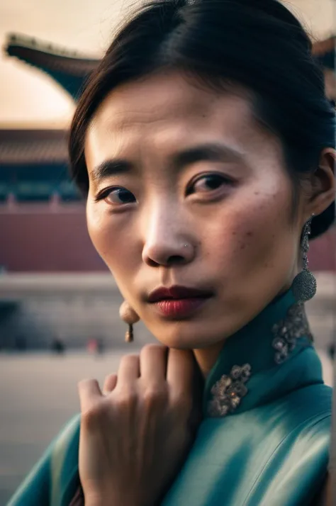 close up photo of an extraordinary environment with a chinese woman of a fairy tale of another world, one hand on neck, look at the viewer mysterious, closed mouth, background of an old Tiananmen, detailed eyes, pointing the viewer, realistic skin with dimples and less freckles