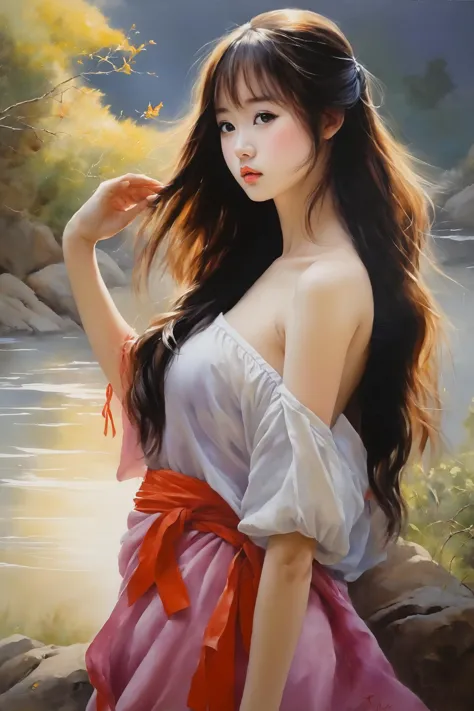 a painting of a woman in a pink dress standing near a river