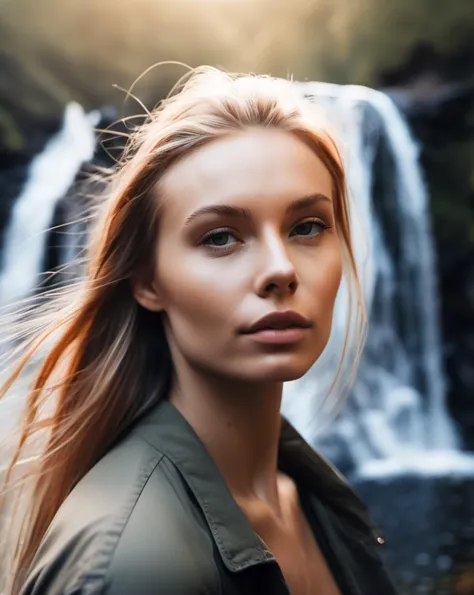 bright atmosphere, close up Photograph, film grain, pale cinematic, nordic woman looking at viewer, incredible nordic nature scene, waterfall background, natural features, realistic skin,natural texture skin, captured by DLSR 50mm