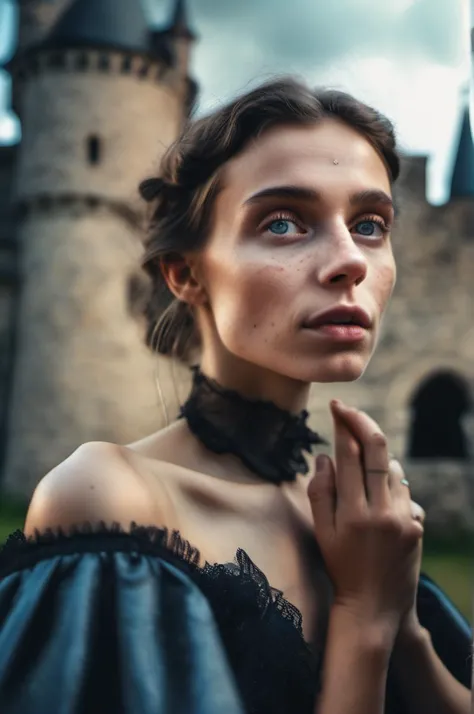 close up photo of an extraordinary environment with a european woman of a fairy tale of another world, one hand on neck, look at the viewer mysterious, closed mouth, background of an old castle, detailed eyes, pointing the viewer, realistic skin with dimples and freckles