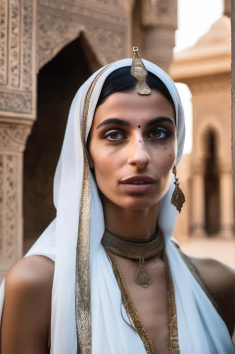 a woman in a white dress and headdress standing in front of a building