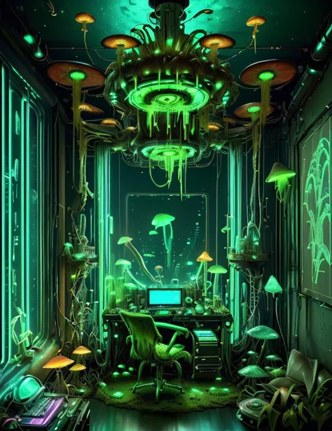 <lora:ExoBioTech:1.0> exobiotech Neon-lit Loft Apartment, Wardrobe,Desk, Twill Weave tapestry, Chandeliers, Pin Spot Lighting, cyberpunk, sci-fi ,scifi, bio, creeping, rootlike, Vascular, scaled