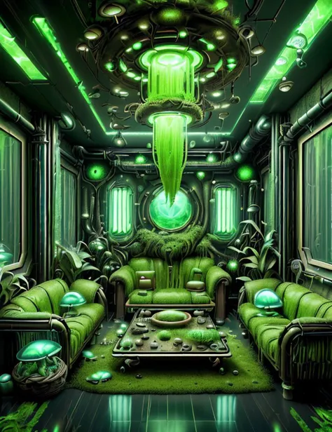 <lora:ExoBioTech:1.0> exobiotech Server/Utility Room, Mirrors,Cleaning Cloths,Indoor Plants,Coffee Table,Sofa, Serpentine stone and Engineered Wood Flooring and Basket Weave tapestry, Fluorescent Tubes, Footlighting ,scifi, bio, creeping, rootlike, Vascular, scaled