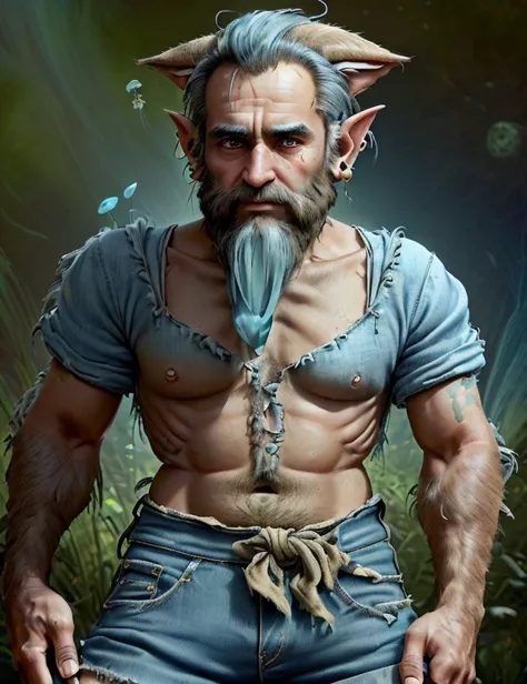 <lora:ExoBioTech:1.0> exobiotech male Geriatric Supple, Gypsies, Brown eyes, Lobed Ears,    Defined Cheeks, Receding Forehead,  Cute Navel, Jawline Beard , Denim Blue Angular fringe hair, Pride, wearing  Shorts,  Linen shirt, , Tam o' Shanter, , Arms wrapped around knees, showing vulnerability