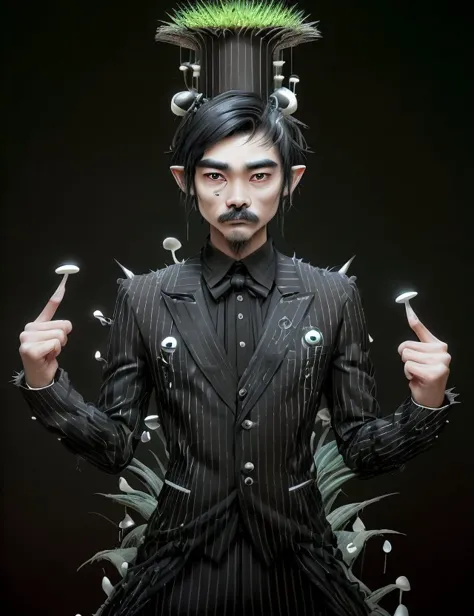 <lora:ExoBioTech:1.0> exobiotech male Eighteen Balanced, East Asian, Brown eyes, Small Ears, Unique Nose, Narrow Chin, Round Jaw, Hollow Cheeks,   Graceful Arch of the Foot, Chevron Mustache , Light Black (Soft Black) Spiky hair hair, Surprise, wearing  Performance leggings, Pinstripe Dress shirt, , Top hat,  and and, Arms extended forward, showing a willingness to give or receive