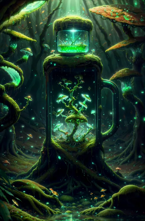 a painting of a tree in a glass jar with a light shining through it