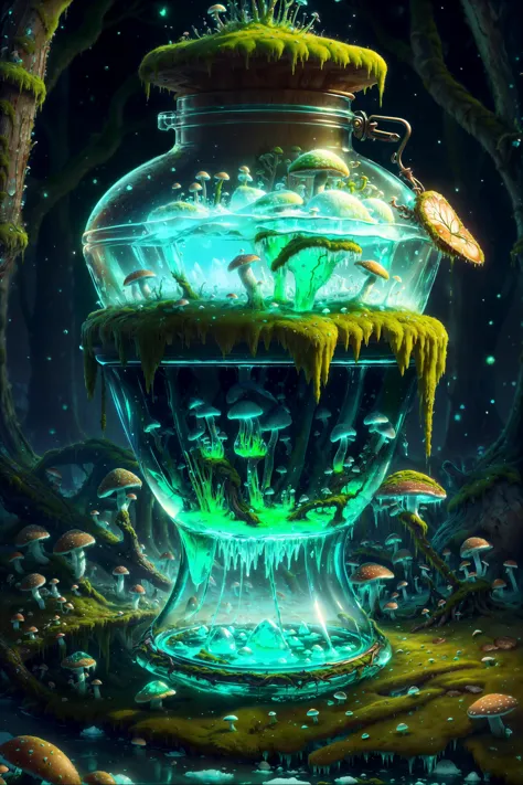 a painting of a jar filled with water and mushrooms