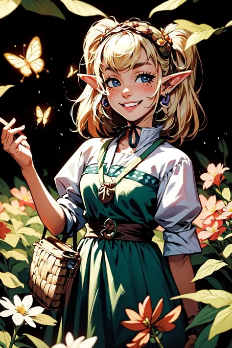1girl, solo, cute smile, <lora:Agitha_Zelda:0.6> Agitha_Zelda outdoors, forest, butterflies, flowers, <lora:add_detail:0.7>, <lo...