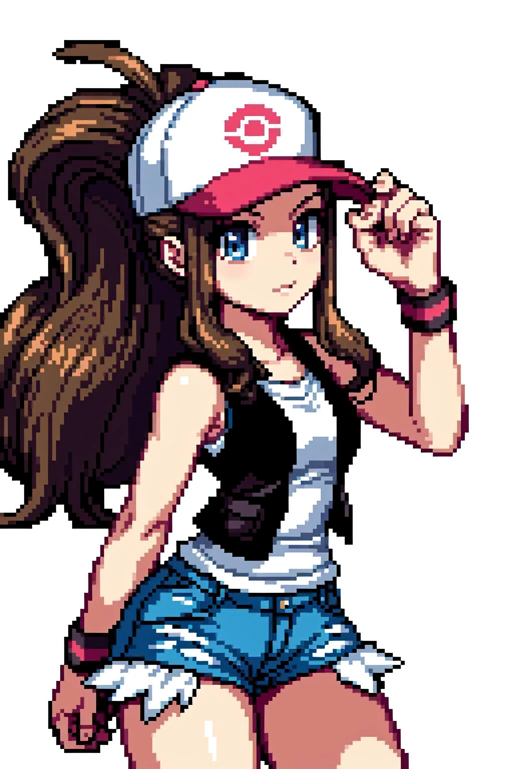 thick outlines, comics, photorealistic, perfect hands, masterpiece:1.2, colorful, 1girl, solo, dynamic pose, hilda, long hair, sidelocks, high ponytail, ponytail, blue eyes, brown hair, hilda, long hair, hat, baseball cap, looking at viewer, sidelocks, high ponytail, shorts, ponytail, denim shorts, denim, short shorts, vest, shirt, wristband, sleeveless, white shirt, black vest, sleeveless shirt, town near a forest, detailed face, detailed eyes, 