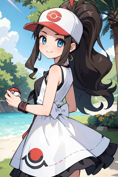 (Masterpiece:1.3), (best quality:1.2), (detailed background:1.1), (intricate details:1.1), 1girl, hilda pokemon, baseball cap, high ponytail, long hair, blue eyes, dress, wristband, outdoors, smile, sunshine, holding pokeball, <lora:hilda_pokemon_goofyai:1.0>