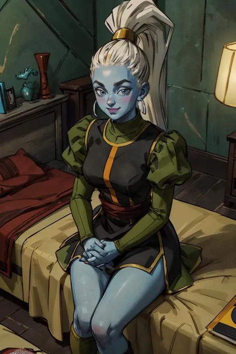 Vados (dragon ball), colored skin, blue skin, long white hair, ponytail, long sleeves, puffy sleeves, dress, looking at viewer, seductive smile, teeth, sitting, on bed, from_above, inside cozy bedroom, hands on legs, high quality, masterpiece, <lora:OGT_U6_Vados-v1:.7>