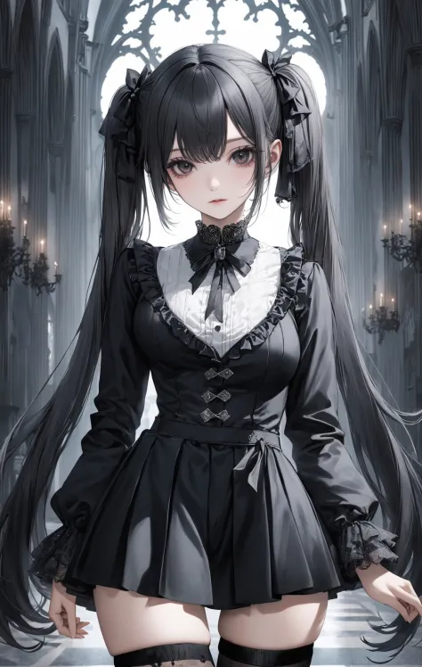 realistic, 1girl, gothic, bangs, twintails, cowboy shot, miniskirt, thighhighs, large breasts, long hair, makeup, eyeliner, eyes...