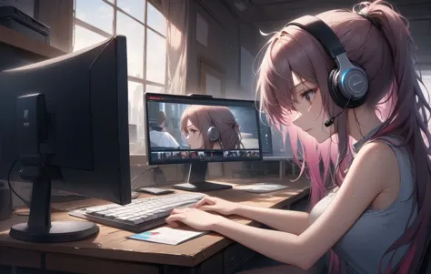 virtual youtuber, livestream, microphone, sleeveless shirt, sweat, large breasts, from side, looking at another, desk, absurdly long hair, 1girl, two-tone hair, colorful, talking, messy hair, headphones, portrait, indoors, monitor, realistic