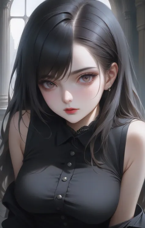 1girl, long hair, large breasts, makeup, eyeliner, eyeshadow, breasts, shirt, sleeveless, realistic, gothic, swept bangs, asymme...