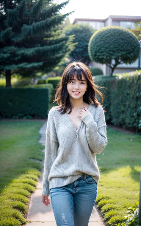 arafed asian woman in a sweater and jeans walking down a sidewalk