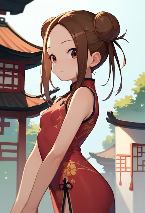 score_9, score_8_up, score_7_up, 1girl, solo,  takagi, brown hair, brown eyes,  china dress, double bun,  east asian architectur...