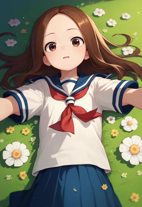 anime girl laying on the ground with her arms outstretched