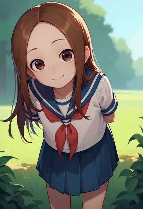 a girl in a school uniform standing in a field