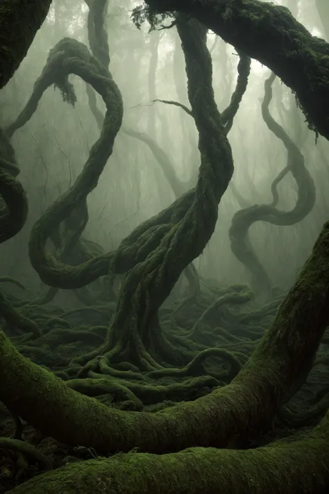 a forest of tentacle-like trees, twisting, dense, shadowy, mossy, primal, ancient <lora:f4bula:1.2>