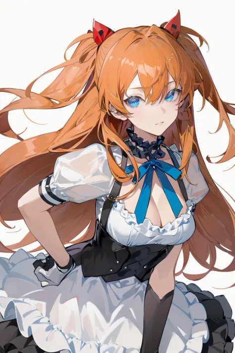 -siki, 1girl, breasts, solo, blue eyes, souryuu asuka langley, long hair, orange hair, looking at viewer, frills, cleavage, blue background, simple background, ribbon, short sleeves, red ribbon, gloves, hair ribbon, skirt, closed mouth, bangs, two side up,...