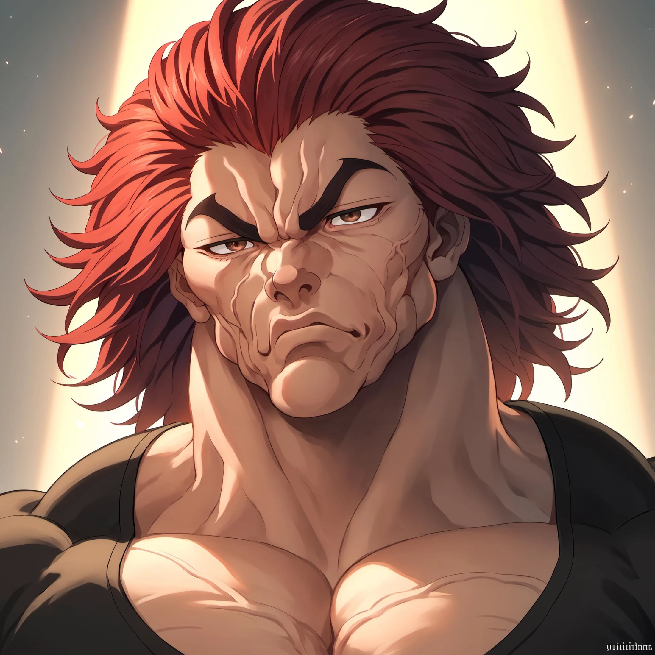 score_9, score_8_up, score_7_up, YujiroHanma, 1boy, male focus, solo, black shirt,muscular male, red hair, manly, veins, pupils, brown eyes, dynamic lighting, extremely detailed,portrait, serious expression,very veiny,glare,