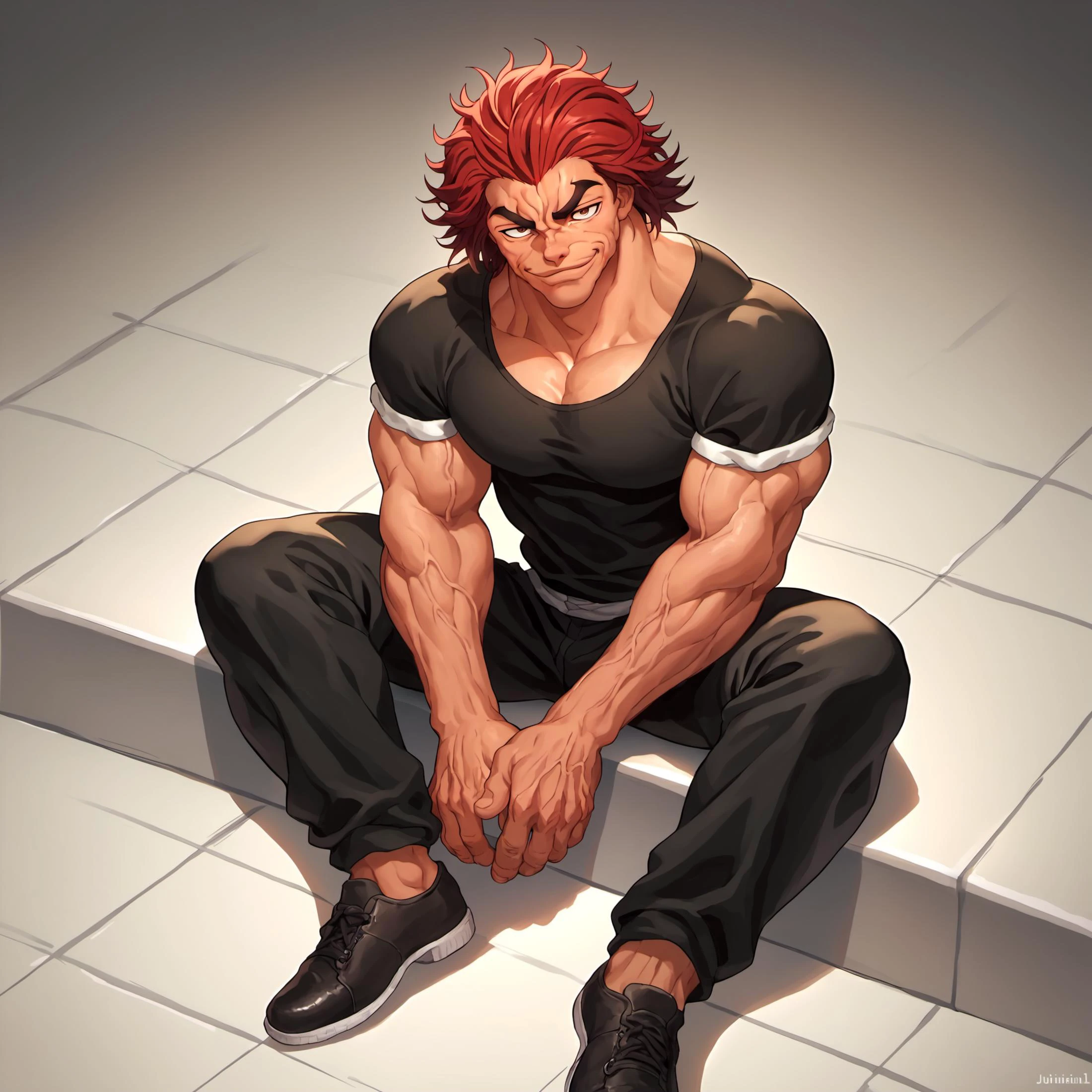 score_9, score_8_up, score_7_up, YujiroHanma, 1boy, male focus, solo, black shirt, muscular male, red hair, manly, black pants, black footwear, veins, pupils, brown eyes, sitting, looking at viewer, from front, cocky smirk,