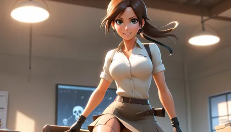 lara croft, skirt, office lady, thighhighs, high heels, shirt, mature female,  smile, skull fucking, arm up, straight-on,  indoors, light, field,, very thin waist,  breasts, cleavage, slim body,, (8k, masterpiece, best quality, ultra-detailed),  (an extremely delicate and beautiful)kawaii, cute, very big eyes, Aesthetic Anime Eyes, small face,  large breasts, cinematic lighting, , Intricate, High Detail, Sharp focus, dramatic,   masterpiece, best quality, ultra-detailed,